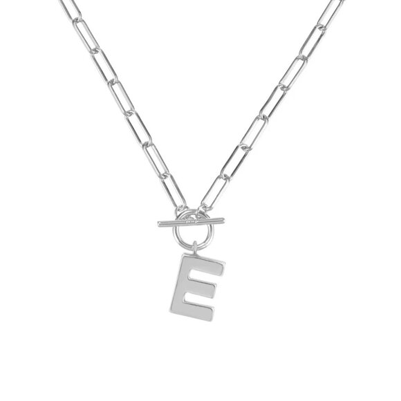 Natalie Wood Designs Toggle Initial Letter E Necklace 18” Silver Plated NEW - Picture 2 of 4